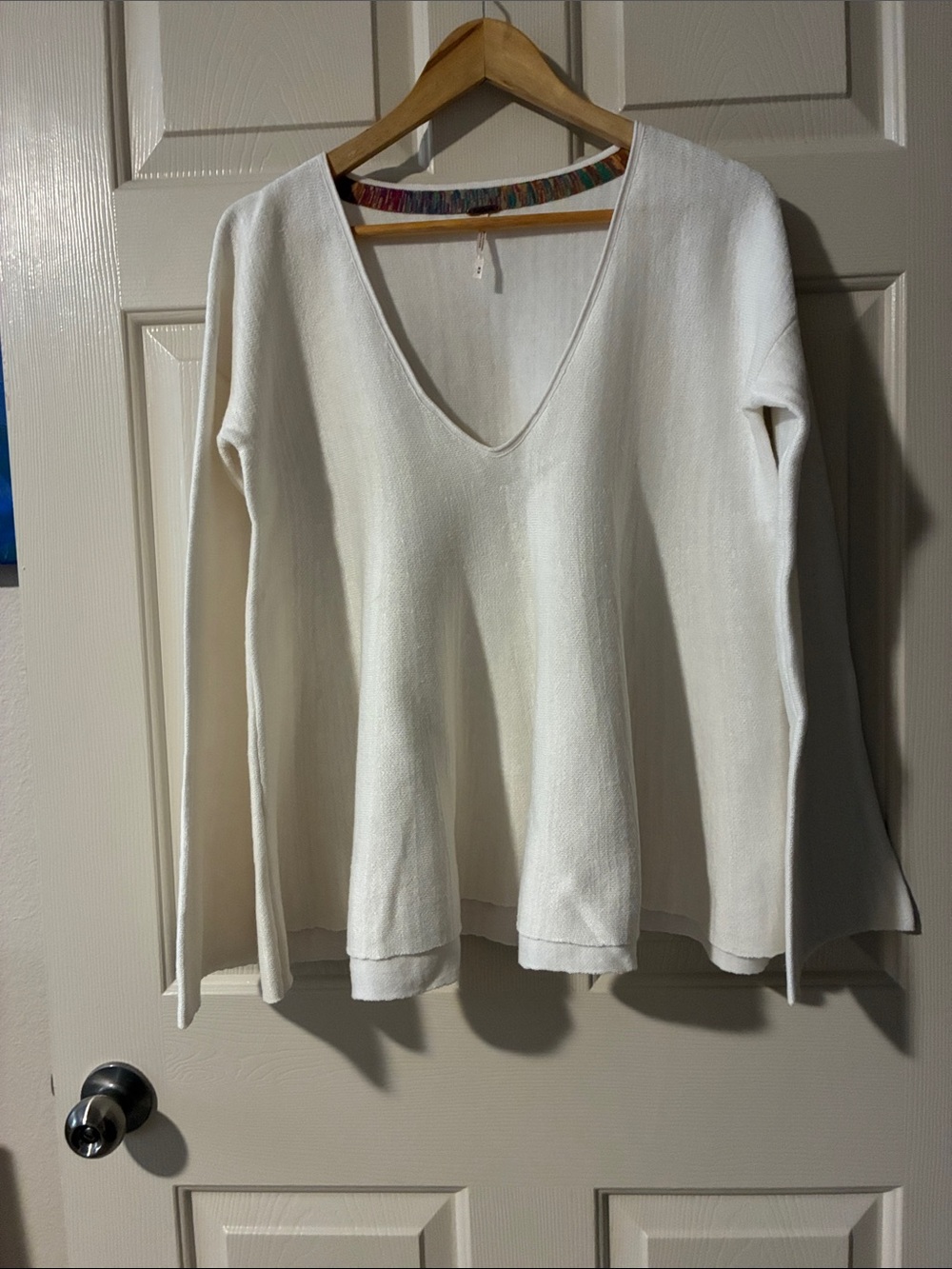 Free People Ivory V-Neck Long Sleeve Knit Top